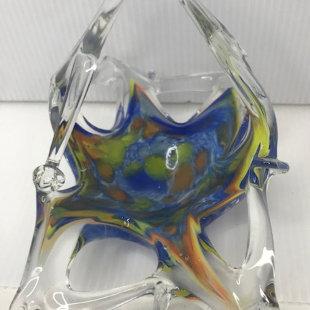 Vintage Murano Art Glass Swirl Multicolor Handled Centerpiece Basket 4.5” T 6” W